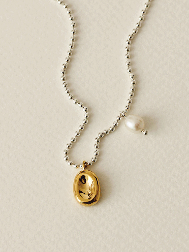 925 silver gold pebble &amp; pearl necklace (담수진주)