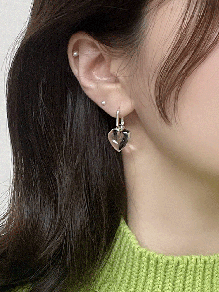 925 silver clear heart one-touch earring (원터치)