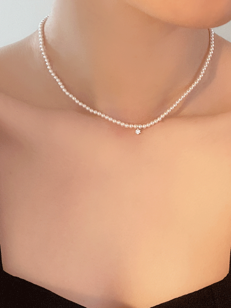 925 silver 3mm pearl &amp; cubic necklace (스왈진주)
