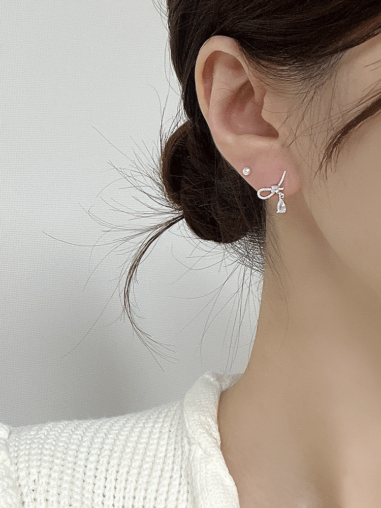 [*당일] 925 silver muse ribbon cubic drop earring (2colors)